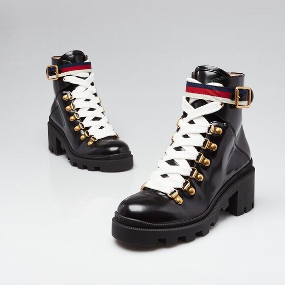 Gucci Black Shiny Calfskin Leather Sylvie Web Moto Boots Size 3.5/34 - Picture 1 of 5